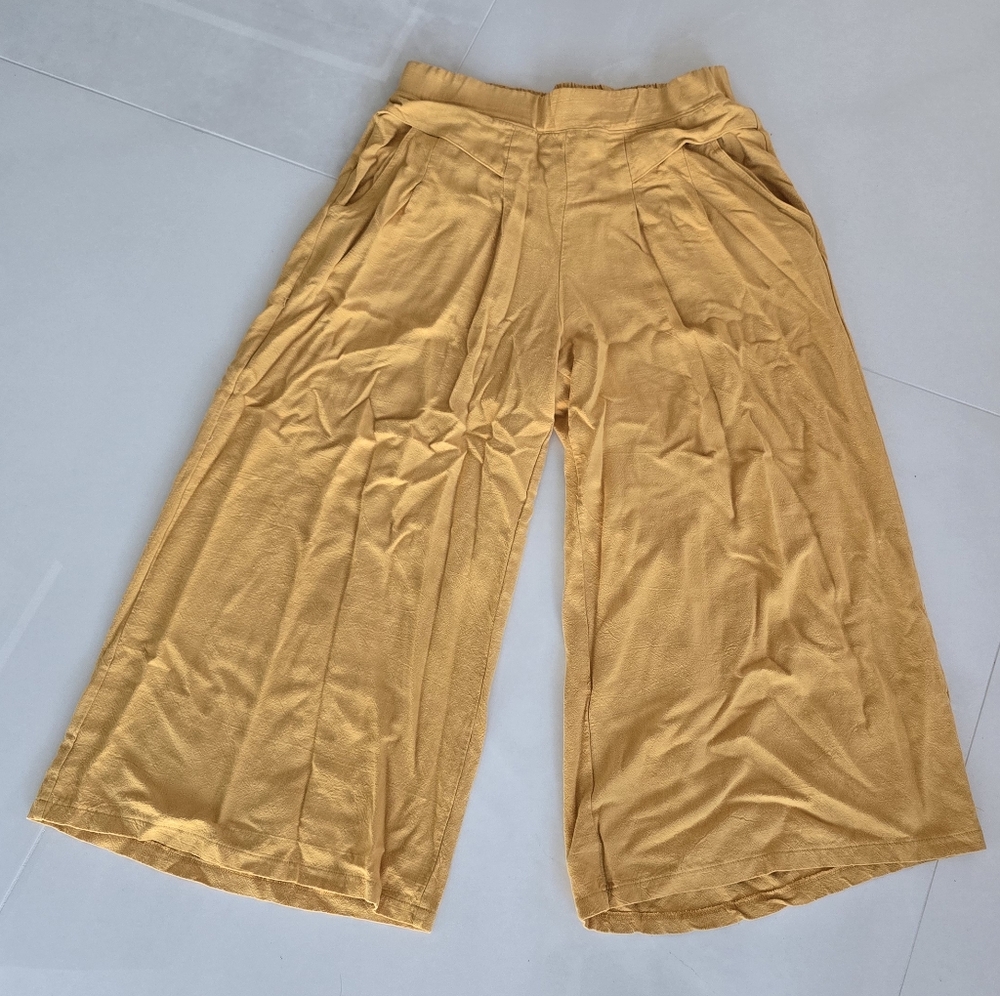 Mustard Yellow Wide-Leg Pants With Pockets and Back Elastic Waistband - Large